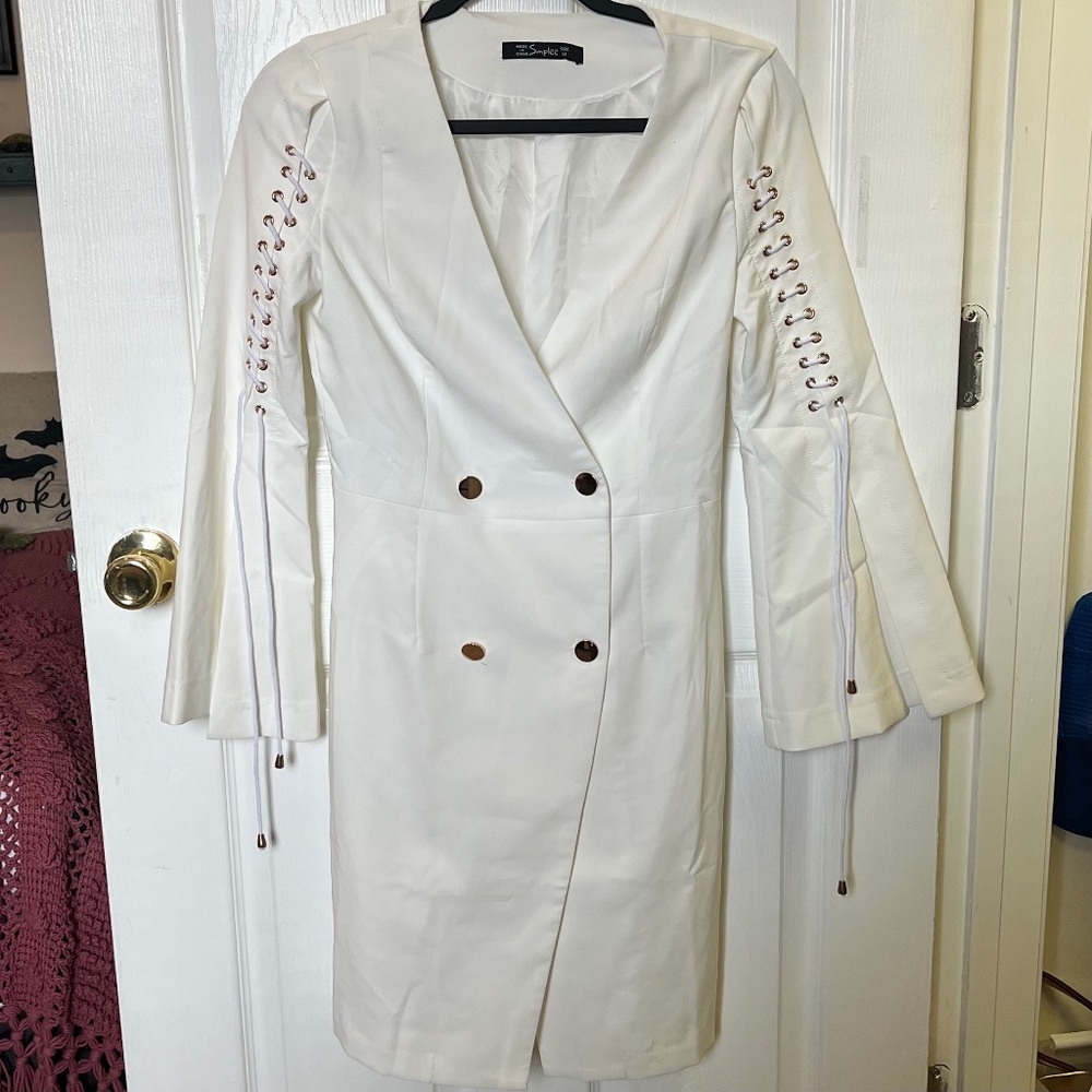 White Suit Dress with Lace Up Bell Sleeves | Long Blazer Medium